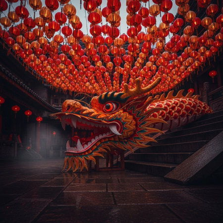 Chinese dragon statue in the temple. Chinese New Year concept. Horizontal.の素材