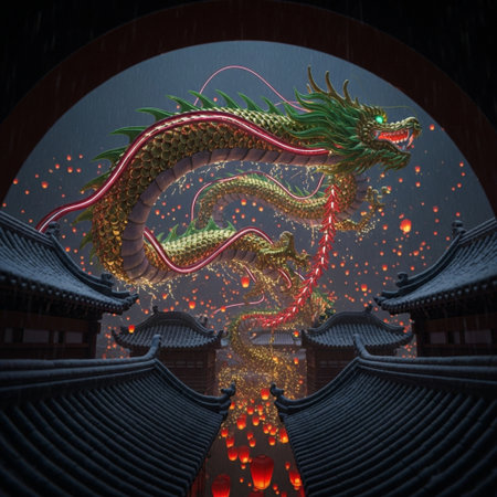 Chinese dragon in chinese temple in the night,3d renderの素材