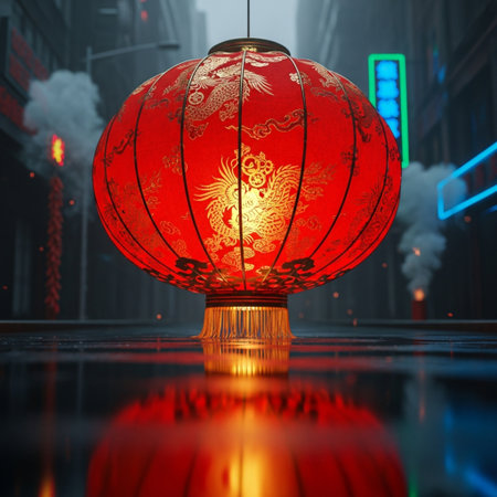 Chinese lanterns in the city at night. 3D illustration.の素材