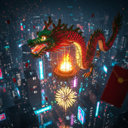 Chinese dragon with firecracker on city background. Chinese new year conceptの素材