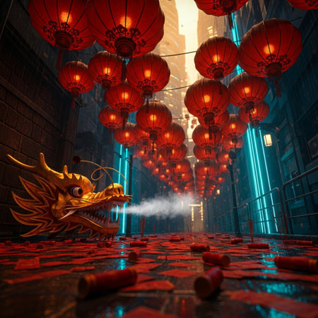 Chinese lanterns and dragon in the city, 3d rendering.の素材
