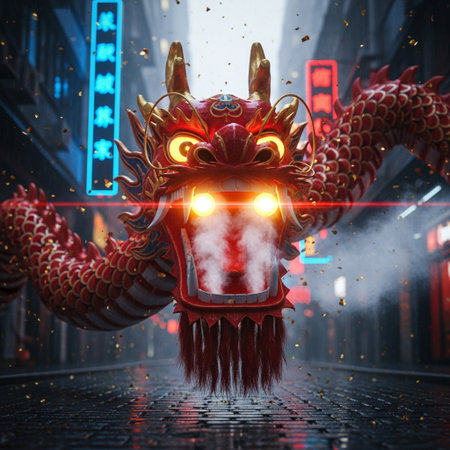 Chinese dragon with neon lights in the background. 3d rendering.の素材