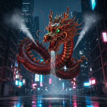 Chinese dragon on the street in the rain. 3D rendering.の素材