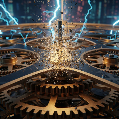 3d illustration of gear mechanism with lightning, circuit board and city backgroundの素材