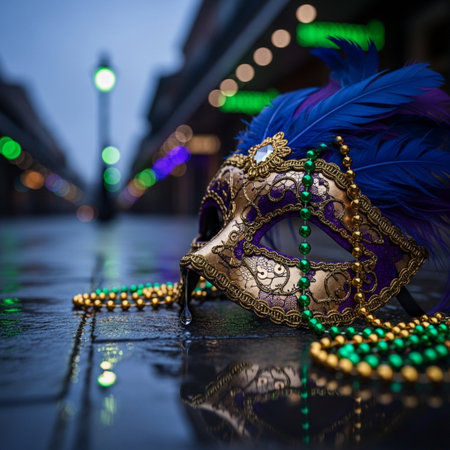 Venetian carnival mask and beads on the street in Venice, Italyの素材