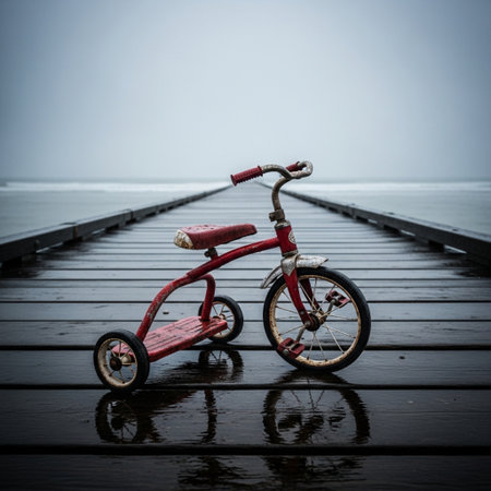 Children's tricycle on the wooden pier. Selective focus.の素材