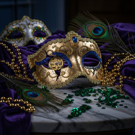 Traditional Venetian carnival mask with feathers, beads and beadsの素材