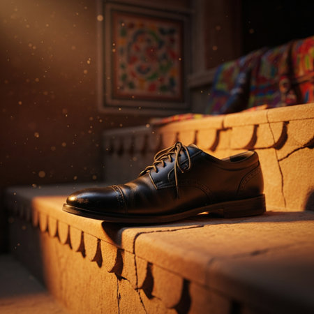 Men's shoes on the stairs in the evening. Selective focus.の素材