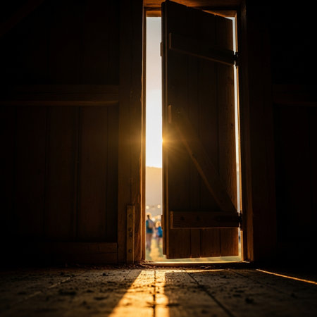 Wooden door at sunset in the evening. The sun shines through the window.の素材