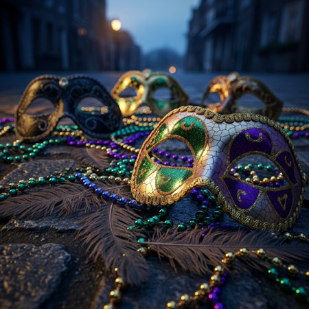 Traditional Venetian carnival masks with feathers and beads. Selective focus.の素材