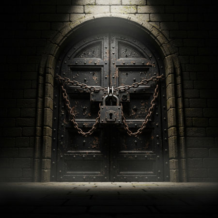 Old iron door with chain and closed padlock on brick wall backgroundの素材