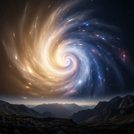 Fantastic spiral galaxy in the mountains. 3D Renderingの素材