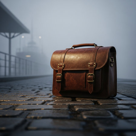 Brown leather briefcase on the street in the fog. 3d renderingの素材