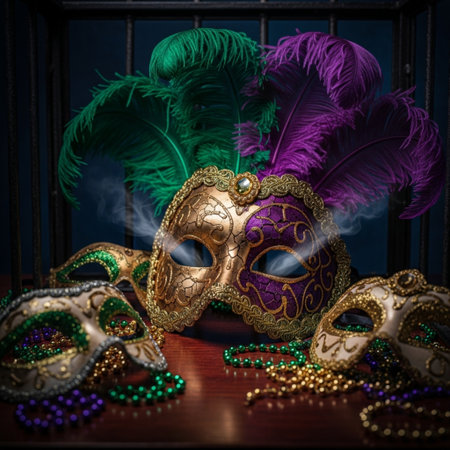 Venetian carnival masks with feathers and beads on wooden tableの素材