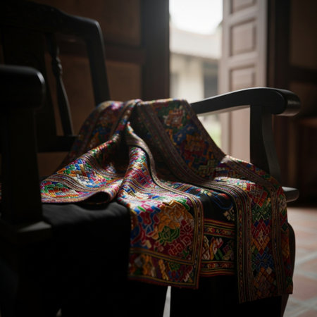traditional thai silk fabric on a chair in the living room.の素材
