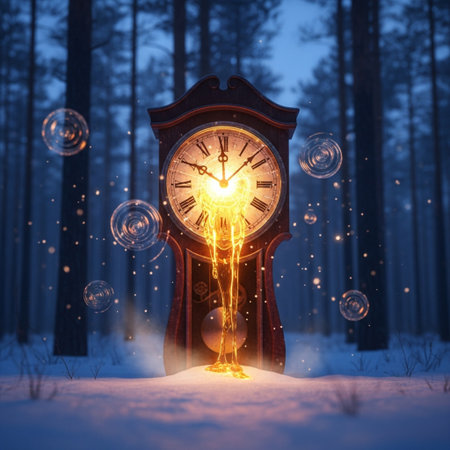 Retro clock in winter forest with snow and falling snowflakesの素材