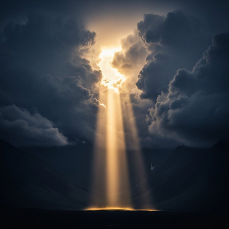 Beautiful view of dramatic sky with light rays coming from behind cloudsの素材