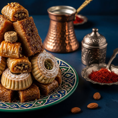 Traditional Turkish baklava with nuts and spices on a blue backgroundの素材