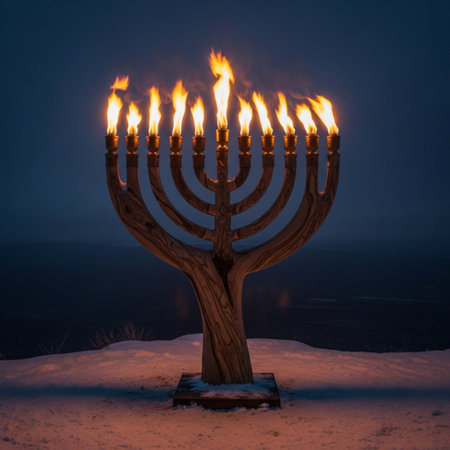 Hanukkah menorah with burning candles in the snow.の素材