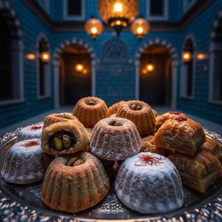 Traditional Turkish sweets on the table in the interior of the mosque.の素材