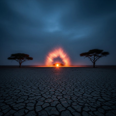 Desert landscape with dry ground and flaming tree at sunrise, Africaの素材