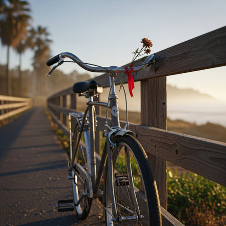 Bicycle parked on a wooden bridge in the morning with sunrise backgroundの素材