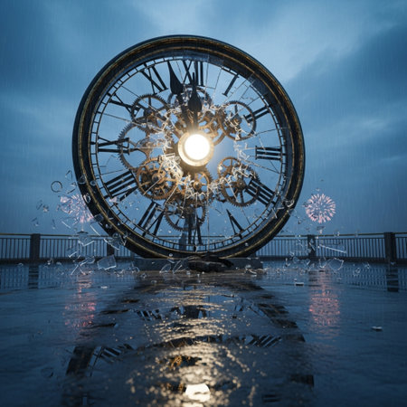 Beautiful old clock on the pier in the rain. 3d renderingの素材