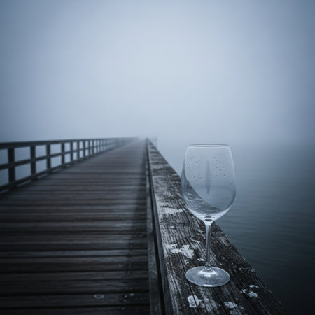 A glass of wine on a wooden pier in a foggy morningの素材