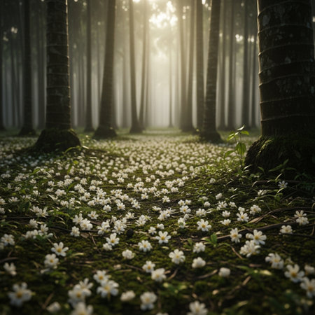 Beautiful white wood anemone flowers blooming in the forest at sunriseの素材
