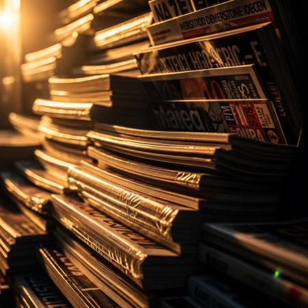 Pile of old magazines in a shop. Selective focus.の素材