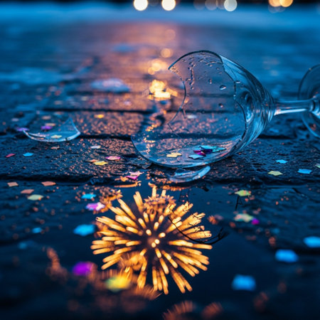 Broken wine glass on a wet road with a firework in the backgroundの素材