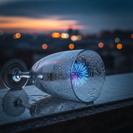 Empty wine glass on the balcony overlooking the city at sunset. Selective focus.の素材