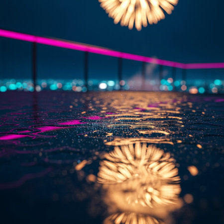 Beautiful bokeh of fireworks above the swimming pool at nightの素材