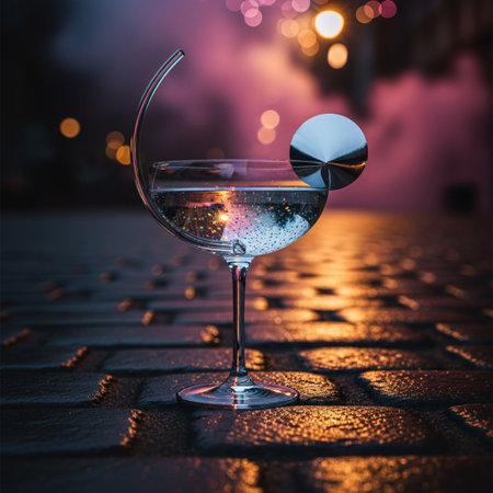 Glass of martini cocktail on the background of the night city.の素材