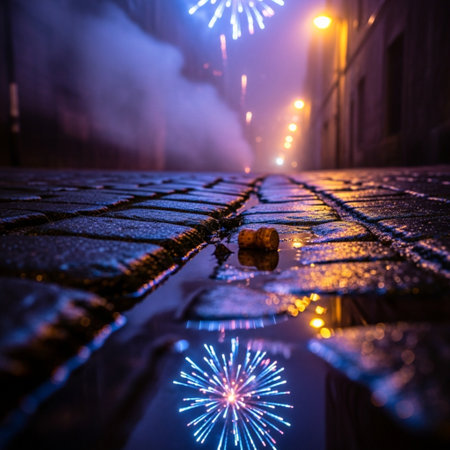 Fireworks on the streets of the old city at night. Selective focusの素材
