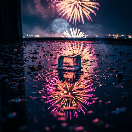 Beautiful fireworks and ice cube with reflection on the water surface.の素材