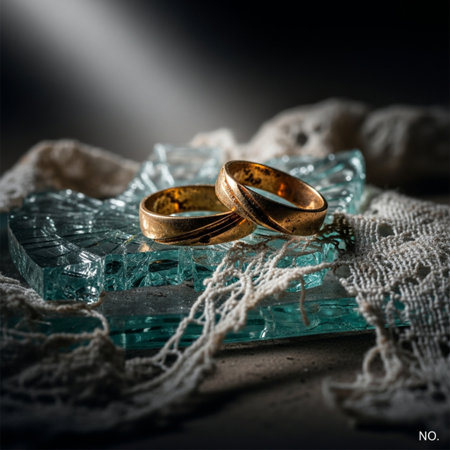 wedding rings on a blue glass plate with lace and beadsの素材