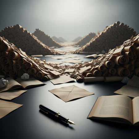 Conceptual image of an open book with a fountain pen surrounded by booksの素材