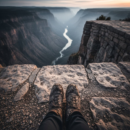 Hiking boots on the edge of a cliff with a view of the Grand Canyonの素材