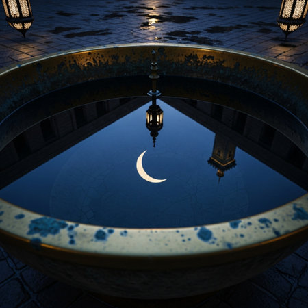 Crescent moon reflected in the pool with lanterns in the backgroundの素材