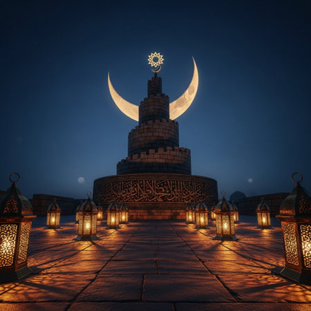 Mosque with crescent moon and lanterns at night. 3D renderingの素材