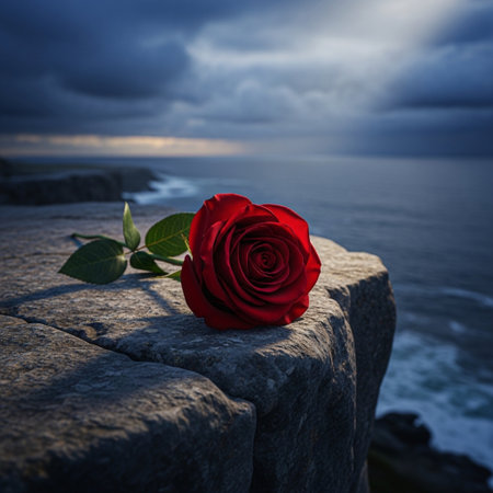 Red rose on the rock against the background of the sea and skyの素材