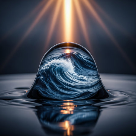 Water drop with blue ocean waves and rays of light. 3D renderingの素材