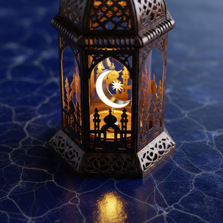 Lantern with crescent moon on blue marble background. Ramadan Kareem concept.の素材