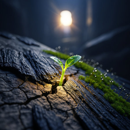 Green sprout growing from crack in dark forest. 3D renderingの素材