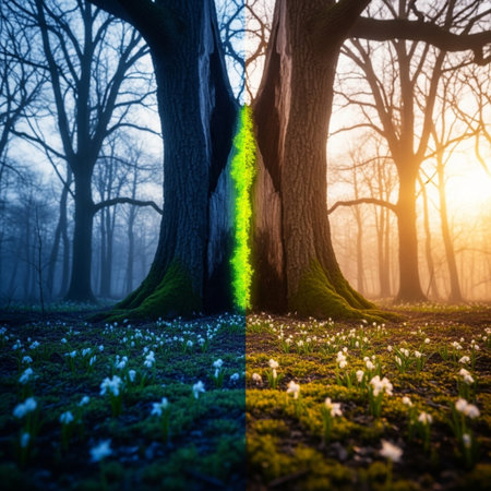 Beautiful spring forest in the fog at sunrise. Ecology concept.の素材