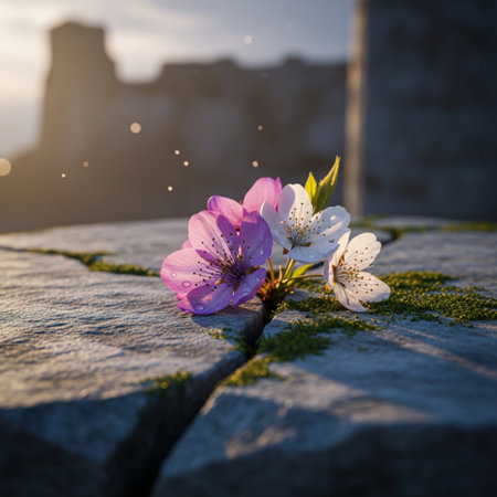 Cherry blossom on a stone in the morning light. Spring backgroundの素材