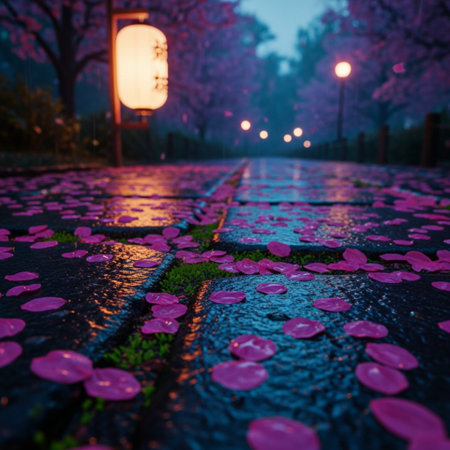 Cherry blossom petals on the wet pavement at night.の素材