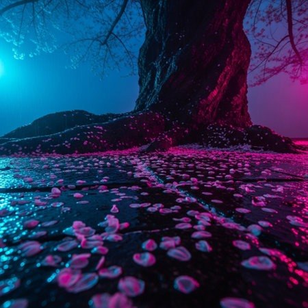 3d illustration of a tree with pink petals in the nightの素材