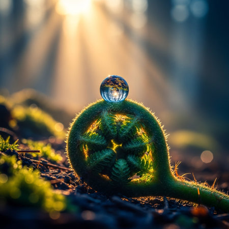 Green fern leaf with water drop in the forest at sunrise.の素材